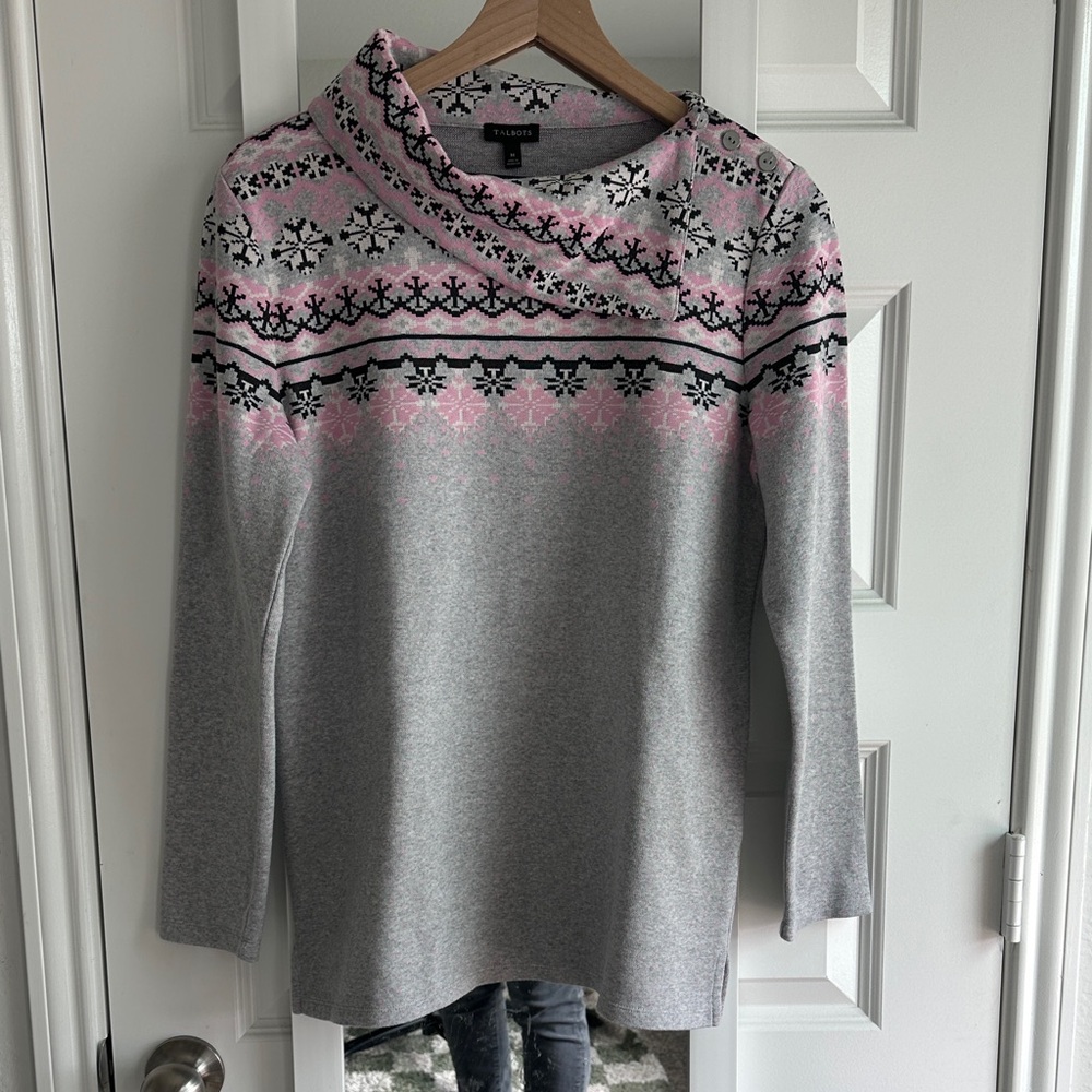 Talbots Button Shoulder Fair Isle Pullover Long Sleeves Pink size M - Picture 2 of 8